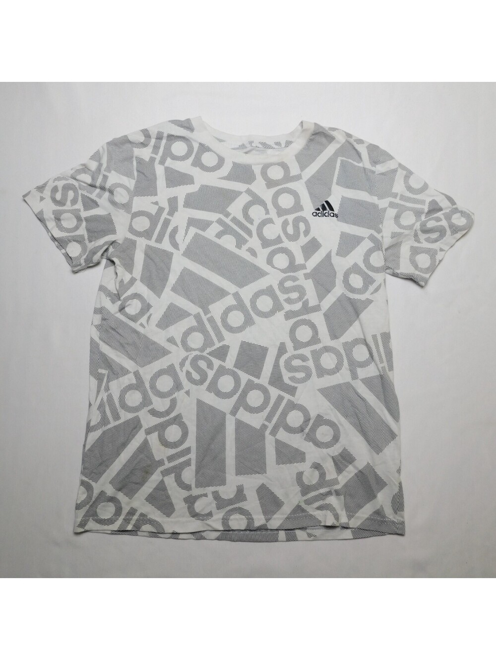Adidas Boys Large 14/16 White Gray All Over Print Logo Text Graphic T-Shirt